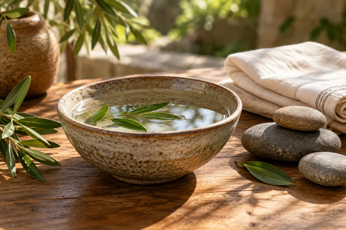 A ceramic bowl of water and green leaves beside smooth stones