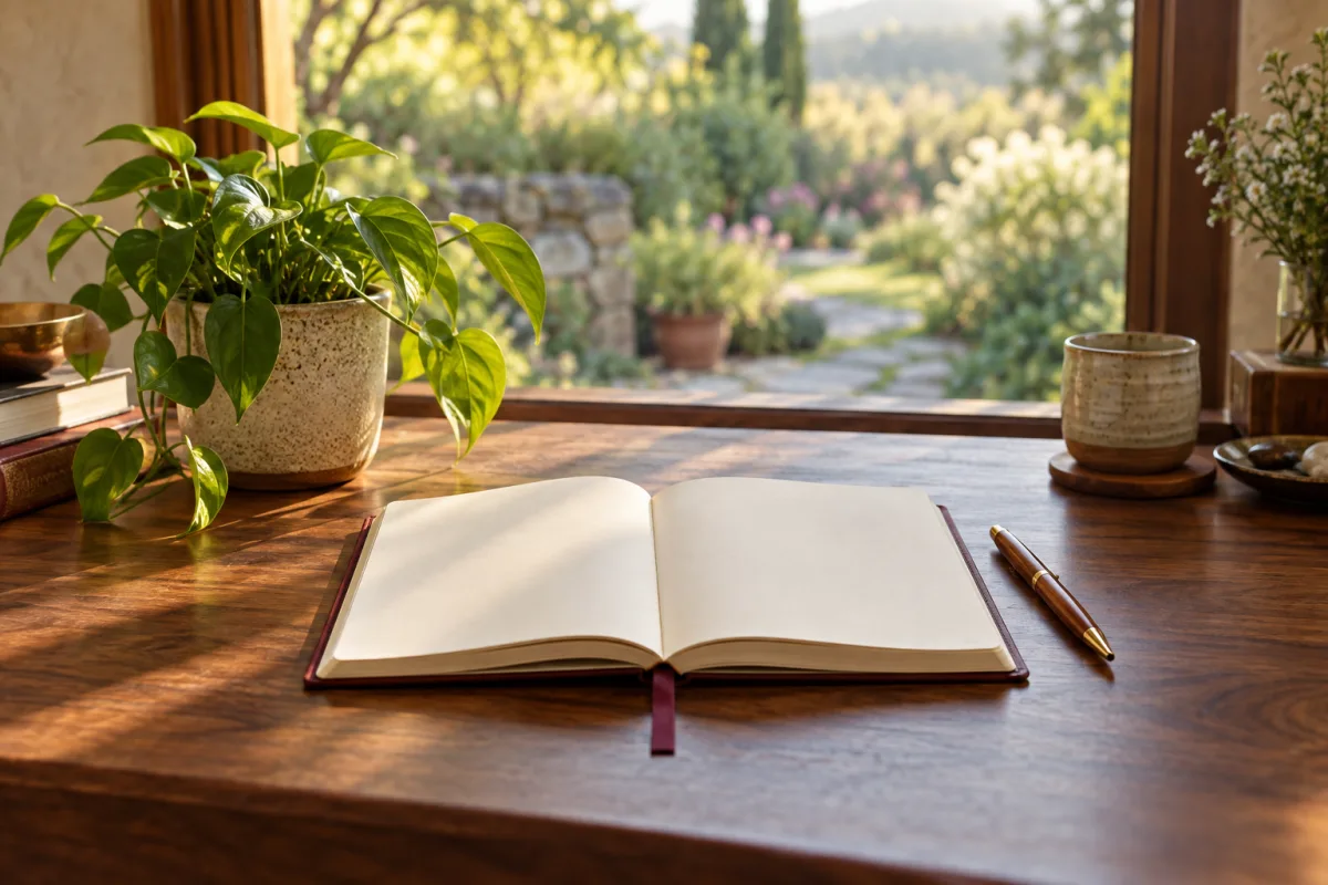 An open journal and green plant on a sunlit wooden desk