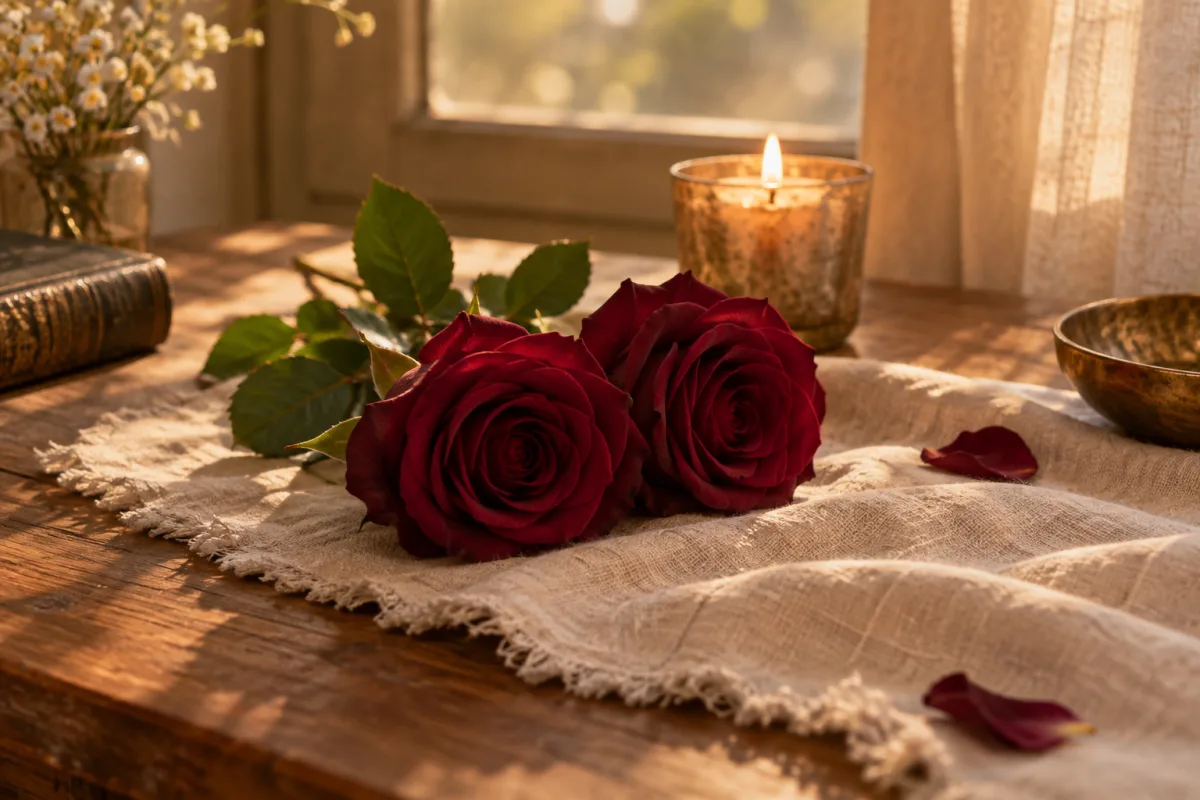 Burgundy roses and a glowing candle on warm ivory linen