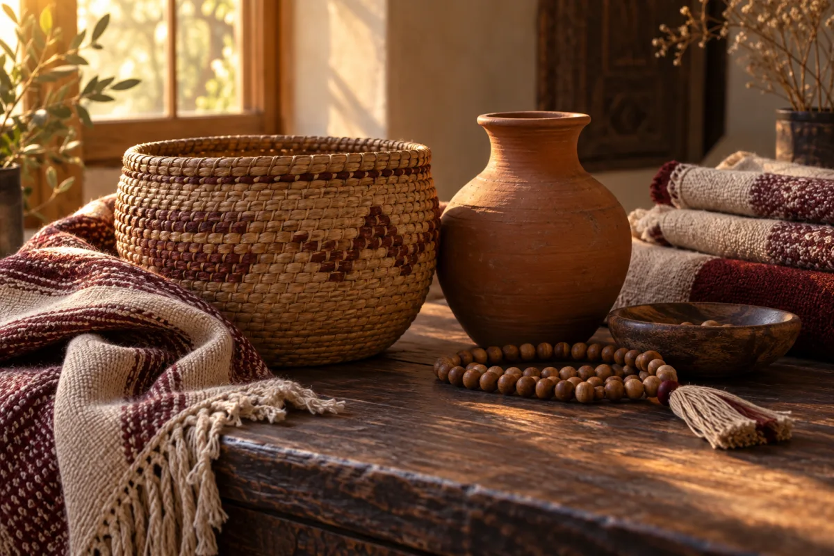 Handwoven basket, terracotta vessel, wooden beads, and textured cloth